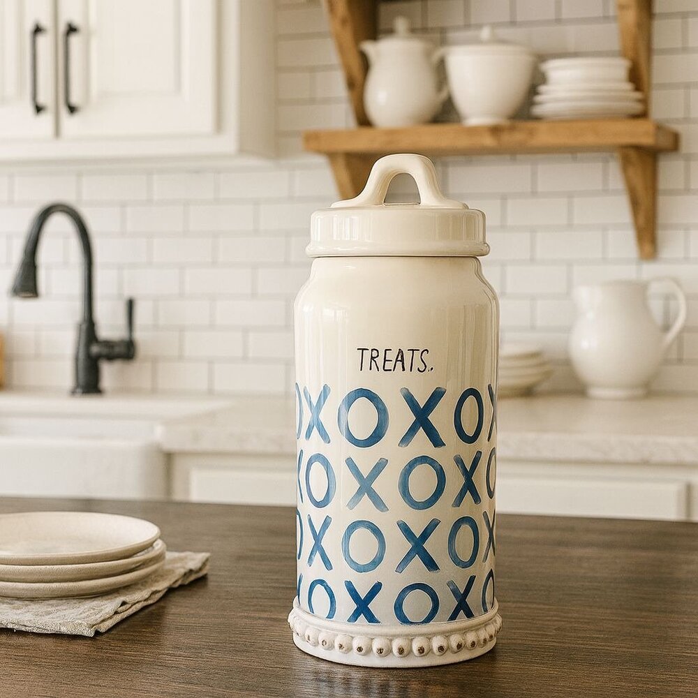 Rae Dunn Indigo Dreams XOXO Treats Canister Cream Blue Cookie Candy Jar Retired